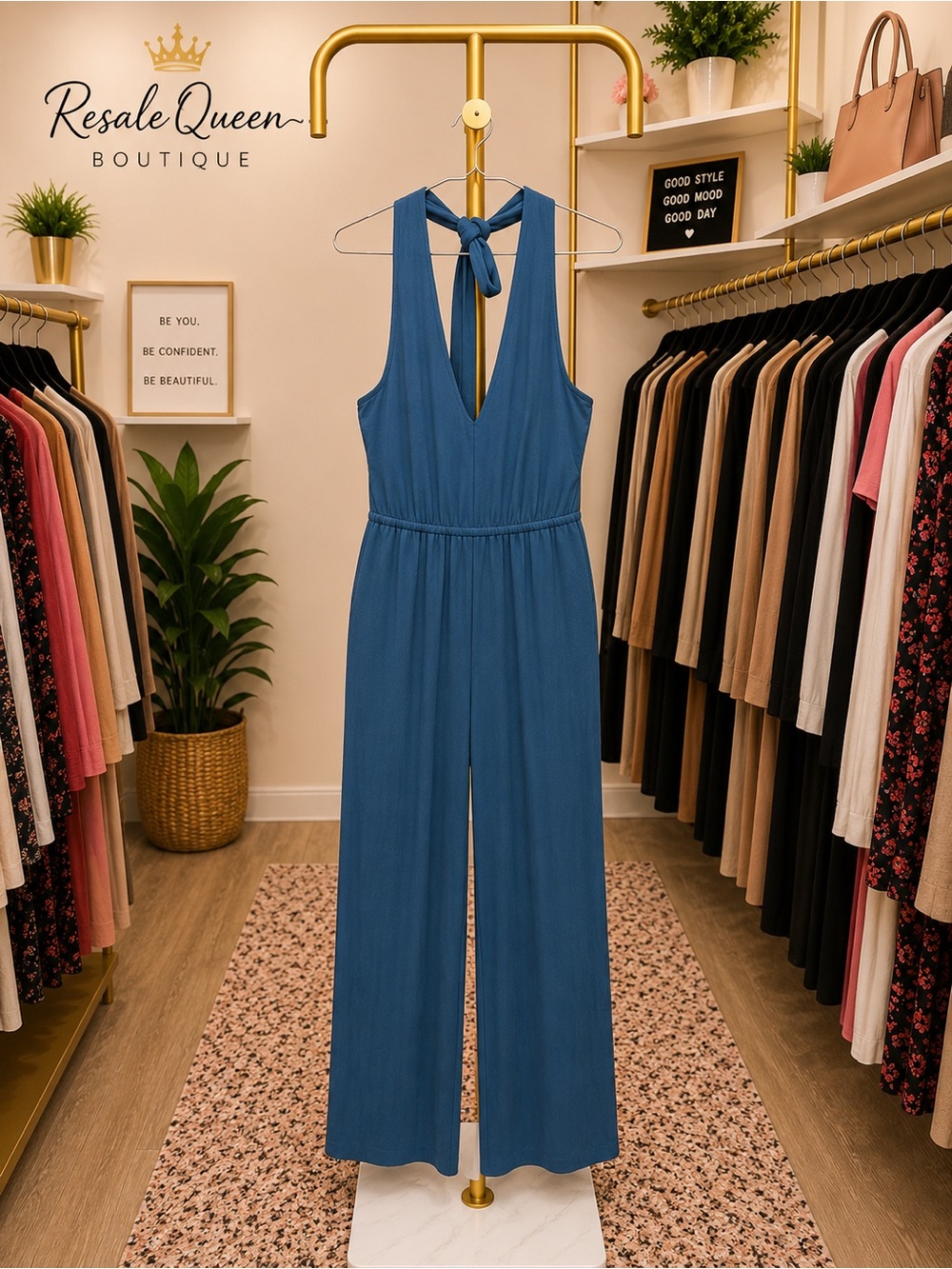 Old Navy Navy Sleeveless V-Neck Wide-Leg Jumpsuit with Back Tie